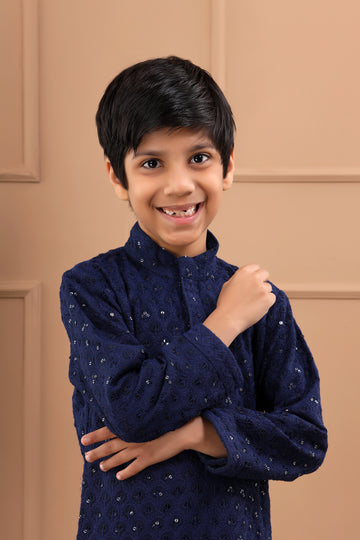 Boys Embellished Blue Sequinned Kurta